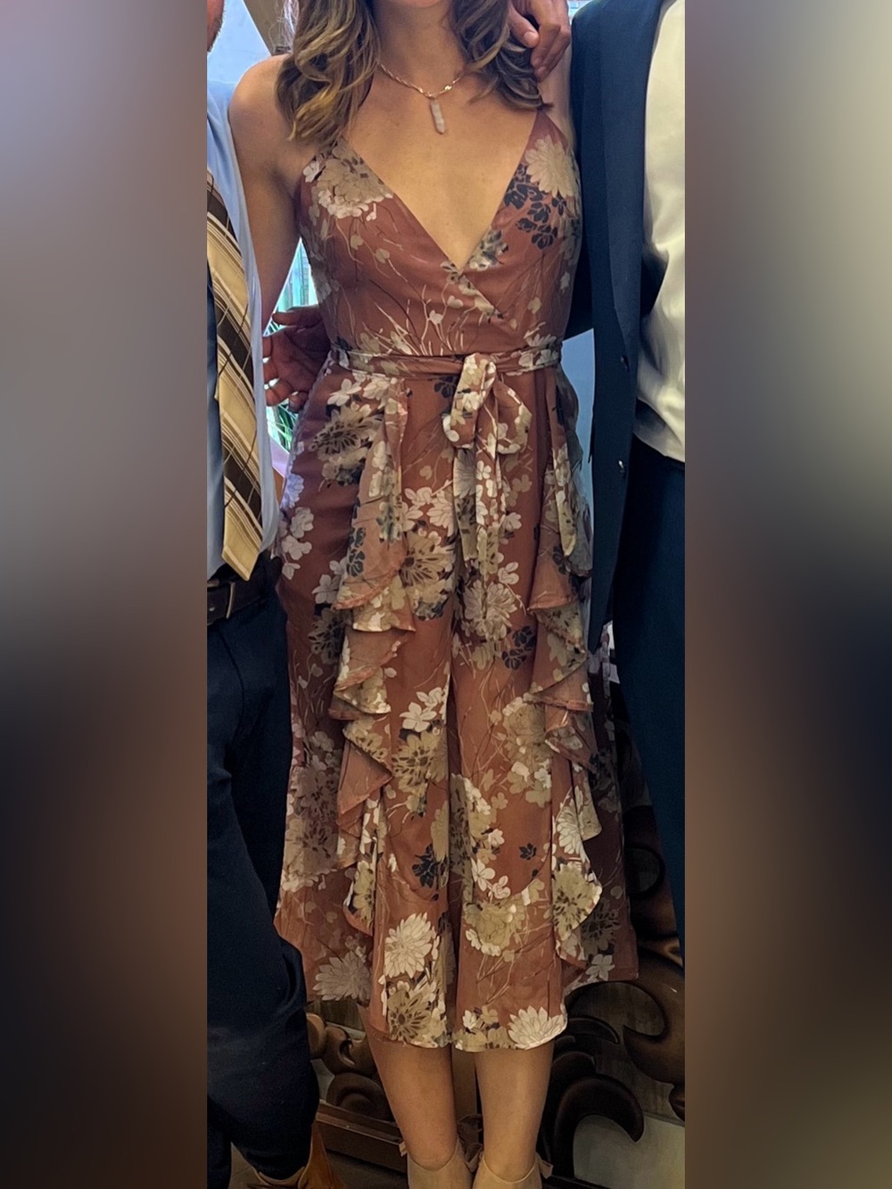 Floral Ruffle V-Neck Jumpsuit in Rust Floral